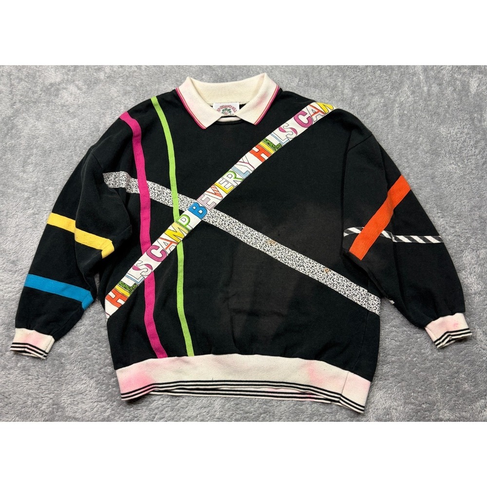 Vintage‎ 80s Camp Beverly Hills Sweatshirt Adult XL Black Multicolor Collared